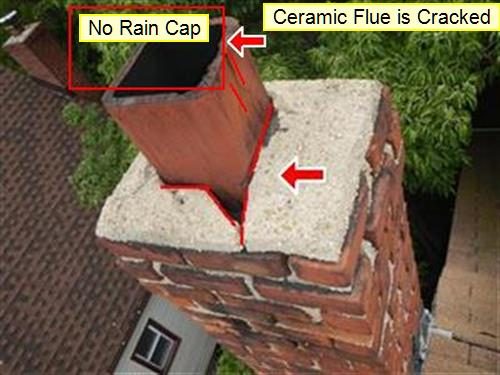 Top of a brick chimney with a cracked cement cap and an open clay flue, labelled No Rain Cap and Ceramic Flue is Cracked.