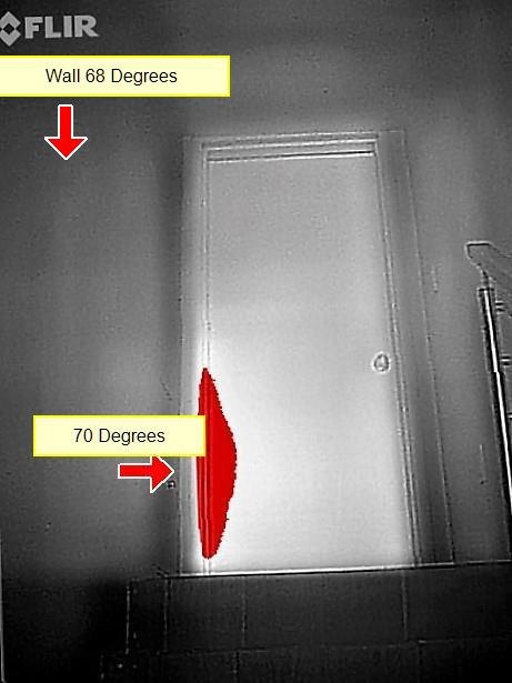 A thermal-camera image of a wall and door with temperature labels showing 68 and 70 degrees.