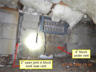 Crawlspace with concrete block piers, a metal vent, insulation overhead, and yellow annotation labels
