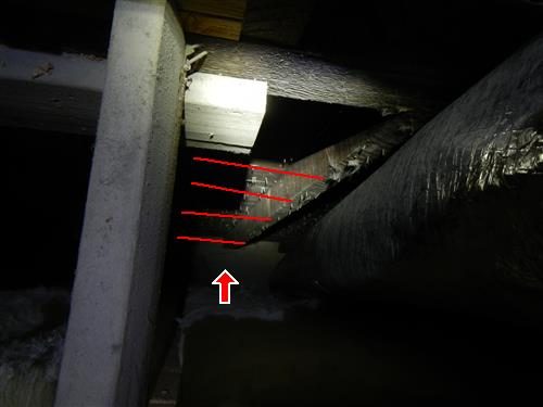 Open wall cavity seen from an attic beside a joist, with red lines and an arrow marking the uninsulated space.