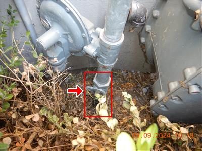 Grey gas meter and piping outside a stucco wall, with a red box and arrow marking a shut-off valve low on the pipe.